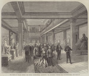 Prinsen av Wales öppnar Dublins internationella utställning, processionen genom skulpturhallen (gravyr) av English School