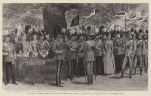 Prinsen av Wales överlämnar jubileumsmedaljerna till de indiska och koloniala trupperna vid Buckingham Palace (litho) av English School