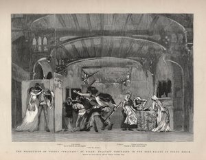 Produktionen av Giuseppe Verdis "" Falstaff"" i Milano, Falstaff gömd i Buck-Basket i Fords hus. Illustration för The Graphic av English School