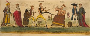 Den preussiske priskämpen och hans allierade försöker tämja kejserliga Kate, eller de europeiska bursiers tillstånd, 1791 (handfärgad etsning) av English School