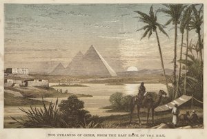Pyramiderna i Gizeh, från Nilens östra strand (färgad gravyr) av English School