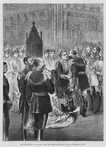 Drottningen kysser sina barn efter Jubilee Thanksgiving Service i Westminster Abbey (gravyr) av English School