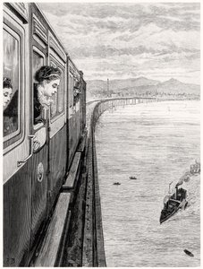 Drottningens återkomst från högländerna; Hennes Majestät korsar Tay Bridge, Dundee av English School