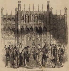 Drottningens besök i staden London, den kungliga tronen i Guildhall (gravyr) av English School