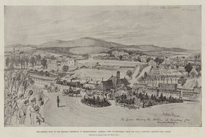 Drottningens besök hos kejsarinnan Fredrik på Friedrichshof, allmän utsikt över Kronberg, från Villa Candidus, som visar slottet (gravyr) av English School