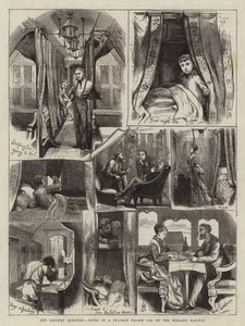 Järnvägsfrågan, anteckningar i en Pullman Palace Car på Midland Railway (gravyr) av English School