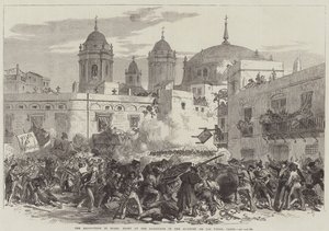Revolutionen i Spanien, slåss vid barrikaden i Quarter de Los Vinas, Cadiz (gravyr) av English School