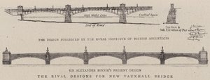 De rivaliserande designerna för New Vauxhall Bridge (gravyr) av English School