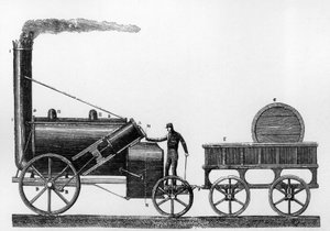 The Rocket, ånglok designad och byggd av George och Robert Stephenson 1829 för Liverpool-Manchester järnvägen (gravyr) av English School