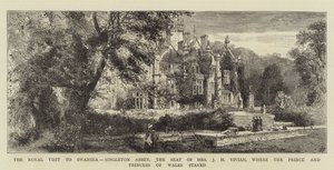Det kungliga besöket i Swansea, Singleton Abbey, säte för Mrs J H Vivian, där prinsen och prinsessan av Wales bodde (gravyr) av English School