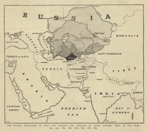 Den ryska annekteringen av Merv, karta som visar Rysslands framsteg mot Indien under åren 1734, 1836, 1863, 1867, 1874, 1876, 1881, 1884 av English School