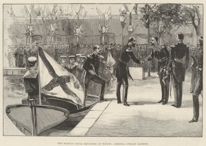 Den ryska flotta skvadronen i Toulon, amiral Avellan landning (gravyr) av English School