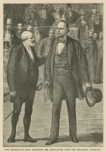 Sergeant-at-arms arresterar Mr Bradlaugh efter talmannens order av English School