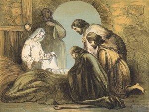 Herdarna som hittar Jesus (färgad gravyr) av English School