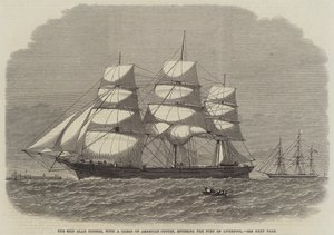 The Ship Glad Tidings, med en last av amerikansk bomull, anlöper hamnen i Liverpool (gravyr) av English School