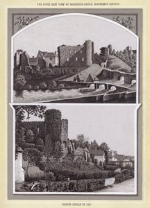 Den sydöstra utsikten över Brecknock Castle, artonde århundradet; Brecon Castle i dag (litho) av English School