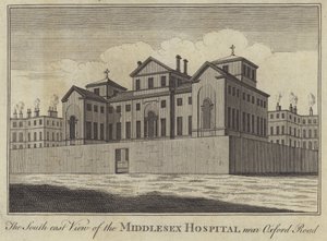 Den sydöstra utsikten över Middlesex Hospital nära Oxford Road, London (gravyr) av English School