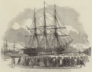 "St Lawrence," i Southampton Dock, lossar varor för den stora utställningen (gravyr) av English School
