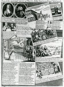 Scenmedley som representerar stadens artiga smak och de makalösa förtjänsterna hos poeten G., Polly Peachum och kapten Macheath, ca 1728 av English School