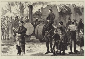 Staten i Irland, räddningsmän som transporterar bojkottade varor till Thurles järnvägsstation (gravyr) av English School