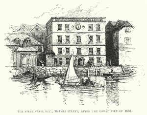 Steel Yard, etc., Thames Street, efter den stora branden 1666 (gravyr) av English School