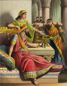 Berättelsen om drottning Esther: Ester anklagar Haman (färg litho) av English School