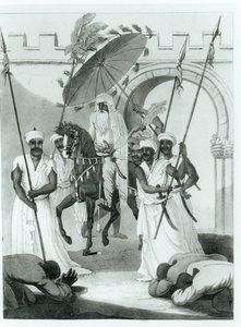 Sultanen av Marocko kommer ut för att ge publik, från resor genom Frankrike och Spanien till Marocko av Maurice Keatinge, publicerad 1817 av English School