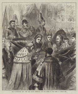 Thanksgiving Day, överborgmästaren presenterar stadssvärdet till drottningen vid Temple Bar (gravyr) av English School
