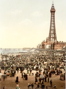 Tornet och stranden, Blackpool (handfärgat foto) av English School