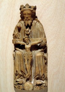 Treenigheten Gud frestade sin son Jesus på korset. Skulptur i albatre av Engelska skolan. 1400-talets Paris, Nationalmuseet för medeltiden, Thermes de Cluny av English School