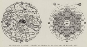 The Unification of London, ett förslag för att definiera och utjämna de nya kommunala områdena (gravyr) av English School
