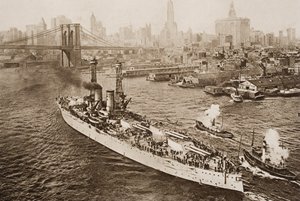 United States Battleship, Texas, på väg från New York Harbour, illustration från 