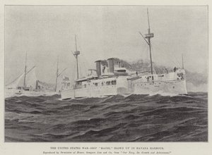 USA:s krigsfartyg "Maine" sprängdes i Havannas hamn (litho) av English School