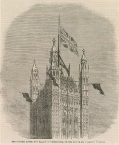 Victoria Tower, nya Palace of Westminster, på dagen för Sir C Barnets begravning av English School