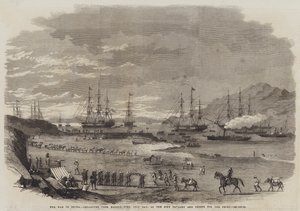 Kriget i Kina, avgång från Hockly Pier, Odin Bay, av sikhiska kavalleriet och trupperna för Peiho (gravyr) av English School