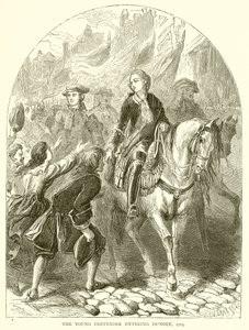 The Young Pretender kommer in i Dundee, 1715 av English School