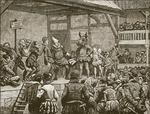 Skådespeleriet i en av Shakespeares pjäser på drottning Elizabeths tid, illustration från Cassells Illustrated History of England (sepiafoto) av English School