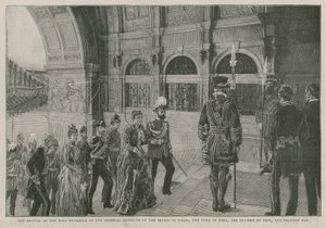 Ankomsten till huvudentrén till Imperial Institute av prinsen av Wales, hertigen av York, hertiginnan av Teck och prinsessan May av English School