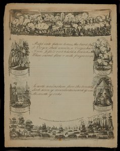 De brittiska styrkornas bombardemang av Köpenhamn och The landing of the British Forces in the Island of Zealand, publicerad av T. och R. Hughes 1807 av English School
