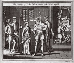 The Burning of Rose Allins hand av Edmund Tyrill, illustration från Foxes Martyrs c.1703 av English School