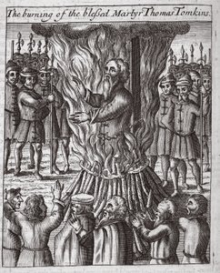 Bränningen av den välsignade martyren Thomas Tomkins, illustration från "Acts and Monuments" av John Foxe, nionde upplagan, publ. 1684 (litografi) av English School