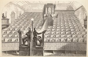 Kapellet, på det separata systemet, i Pentonville Prison, under gudstjänst, illustration från The Criminal Prisons of London och Scenes from Prison Life av Henry Mayhew och John Binny, pub. 1862 av English School