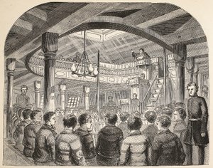 Fångskapellet ombord på Defense Hulk i Woolwich, illustration från The Criminal Prisons of London och Scenes from Prison Life av Henry Mayhew och John Binny, pub. 1862 av English School