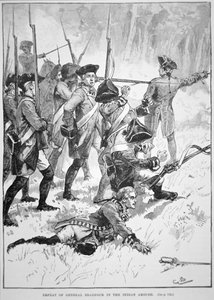 General Edward Braddocks nederlag och död i det indiska bakhållet (litho) av English School