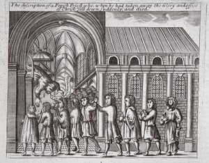 Beskrivningen av påvens präst som, när han hade tagit bort Kristi ära och ämbete, plötsligt föll ner och dog, illustration från Acts and Monuments av John Foxe, nionde upplagan, pub. 1684 (l av English School