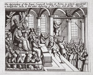 Beskrivningen av påvens råd som hölls i Rom, där en monstruös uggla uppträdde, till påvens och hela hans prästerskap fullständigt förnedrade, illustration från Acts and Monuments av John Foxe, nionde uppl. av English School