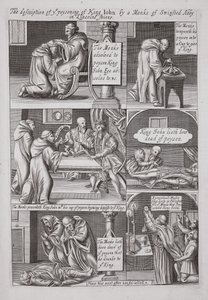 Beskrivningen av förgiftningen av kung John av en munk från Swinstead Abbey i Lincolnshire, illustration från Acts and Monuments av John Foxe, nionde upplagan, pub. 1684 av English School