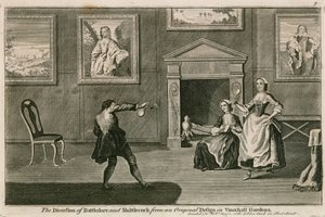 Avledningen av Battledore och Shittlecock från den ursprungliga designen i Vauxhall Gardens, London av English School