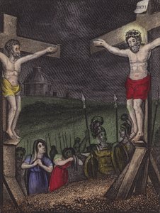 Den döende tjuven gladde sig över att se ... (färgad gravyr) av English School