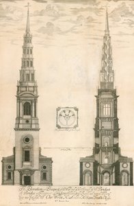 Höjden och utsikten över den västra änden av tornet i St Brides-kyrkan i Fleet Street, London